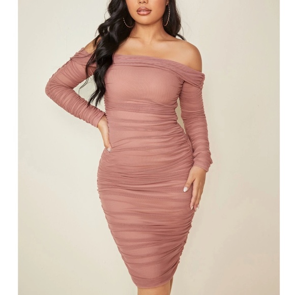 Blush Pink Mesh Ruched Off Shoulder Dress - Picture 2 of 9